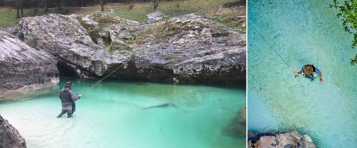 Fly fishing on the turquoise Soča River in Slovenia