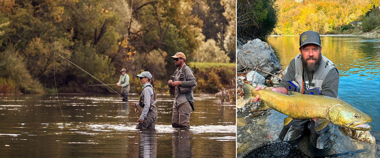 Happy clients fly fishing on a Slovenian river